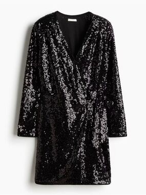 H&M Black Sequin Wrap Dress NWT | Long Sleeve Party Cocktail XL